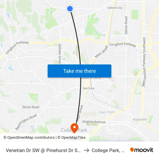 Venetian Dr SW @ Pinehurst Dr SW to College Park, GA map