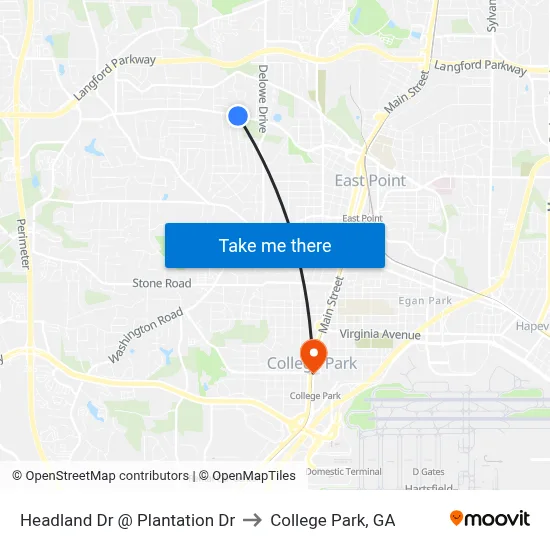 Headland Dr @ Plantation Dr to College Park, GA map