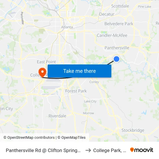Panthersville Rd @ Clifton Springs Rd to College Park, GA map