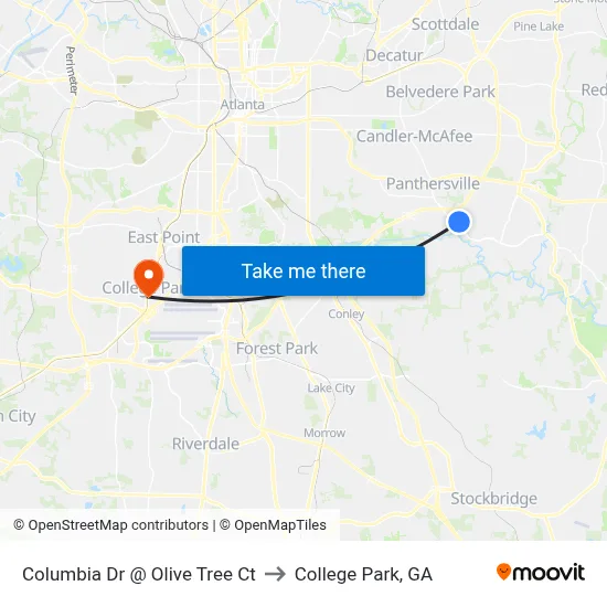 Columbia Dr @ Olive Tree Ct to College Park, GA map