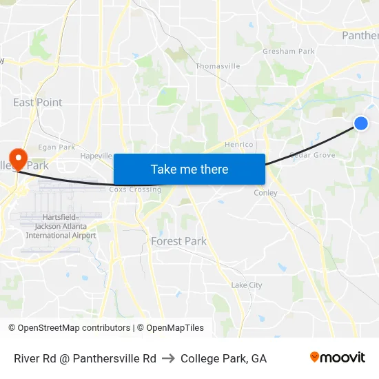 River Rd @ Panthersville Rd to College Park, GA map