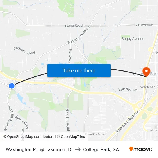 Washington Rd @ Lakemont Dr to College Park, GA map