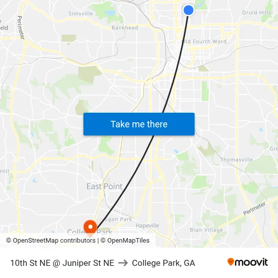 10th St NE @ Juniper St NE to College Park, GA map