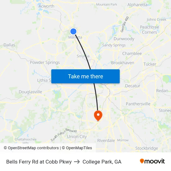 Bells Ferry Rd at Cobb Pkwy to College Park, GA map
