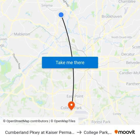 Cumberland Pkwy at Kaiser Permanente to College Park, GA map