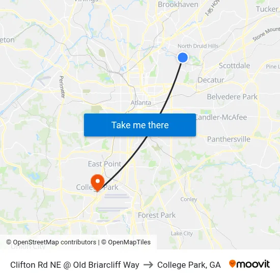 Clifton Rd NE @ Old Briarcliff Way to College Park, GA map