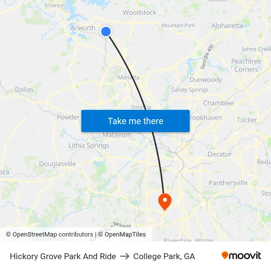 Hickory Grove Park And Ride to College Park, GA map
