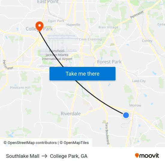 Southlake Mall to College Park, GA map