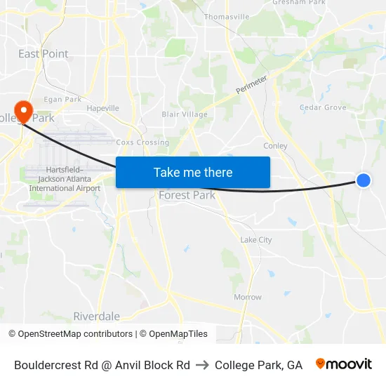Bouldercrest Rd @ Anvil Block Rd to College Park, GA map