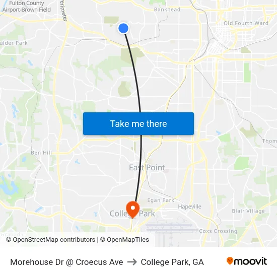 Morehouse Dr @ Croecus Ave to College Park, GA map