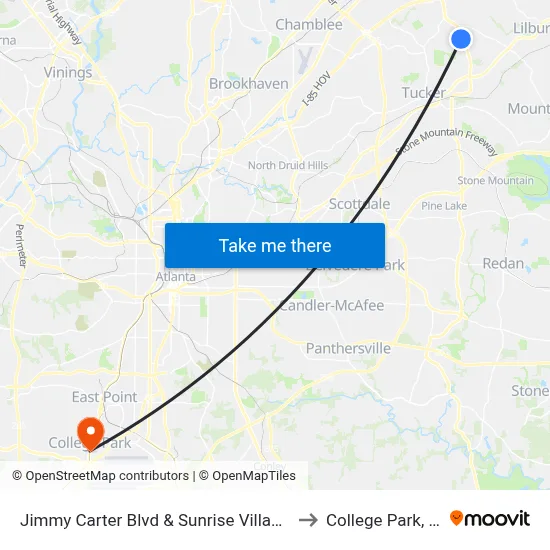 Jimmy Carter Blvd & Sunrise Village Ln to College Park, GA map