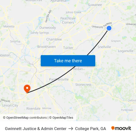 Gwinnett Justice & Admin Center to College Park, GA map