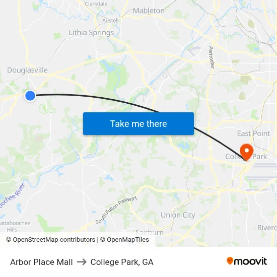 Arbor Place Mall to College Park, GA map