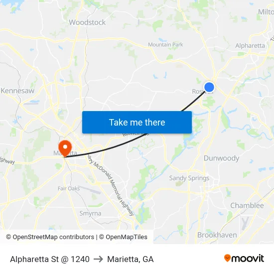 Alpharetta St @ 1240 to Marietta, GA map