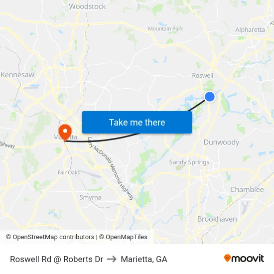 Roswell Rd @ Roberts Dr to Marietta, GA map