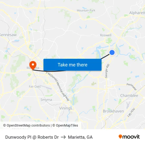 Dunwoody Pl @ Roberts Dr to Marietta, GA map