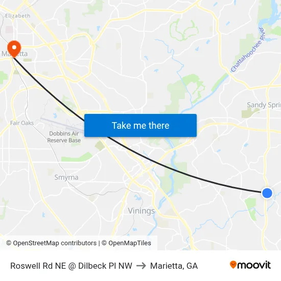Roswell Rd NE @ Dilbeck Pl NW to Marietta, GA map