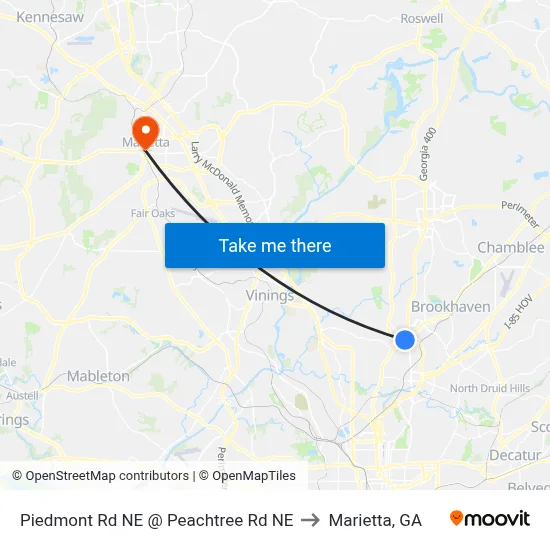 Piedmont Rd NE @ Peachtree Rd NE to Marietta, GA map