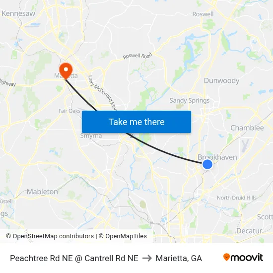 Peachtree Rd NE @ Cantrell Rd NE to Marietta, GA map