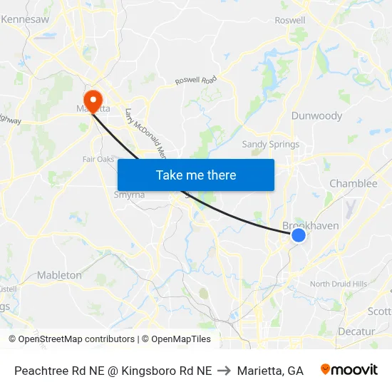 Peachtree Rd NE @ Kingsboro Rd NE to Marietta, GA map
