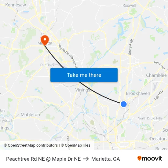 Peachtree Rd NE @ Maple Dr NE to Marietta, GA map