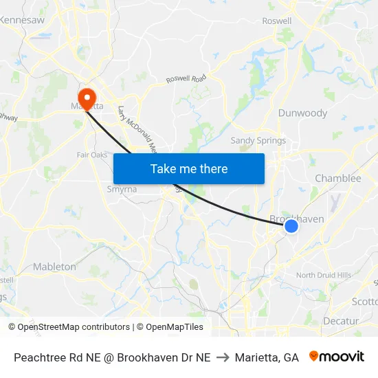 Peachtree Rd NE @ Brookhaven Dr NE to Marietta, GA map