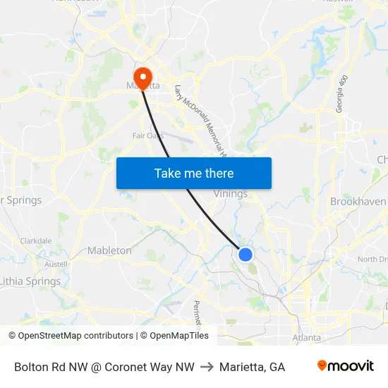Bolton Rd NW @ Coronet Way NW to Marietta, GA map