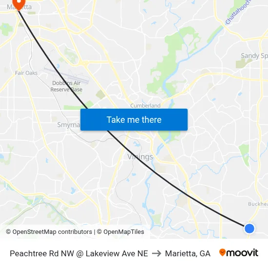 Peachtree Rd NW @ Lakeview Ave NE to Marietta, GA map