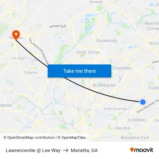 Lawrenceville @ Lee Way to Marietta, GA map