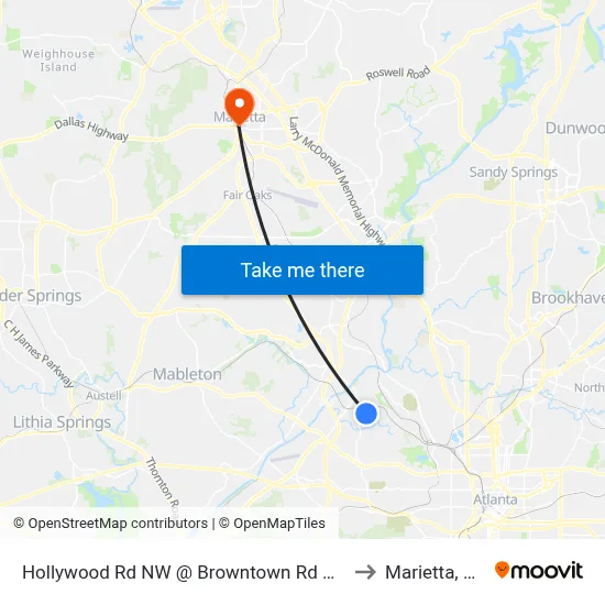 Hollywood Rd NW @ Browntown Rd NW to Marietta, GA map