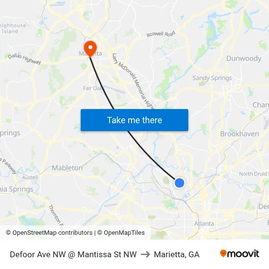 Defoor Ave NW @ Mantissa St NW to Marietta, GA map