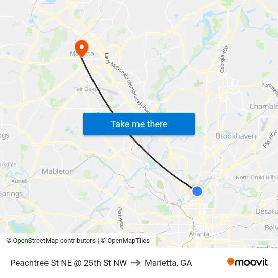 Peachtree St NE @ 25th St NW to Marietta, GA map