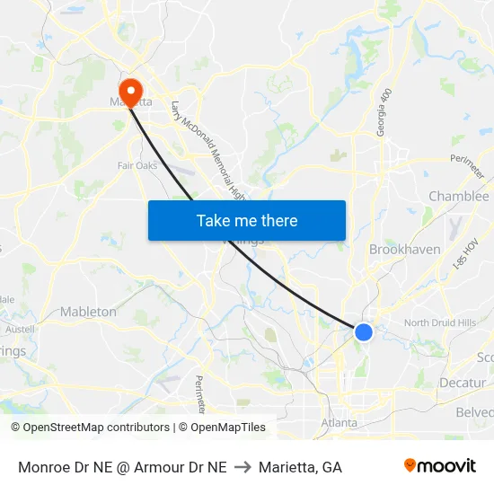 Monroe Dr NE @ Armour Dr NE to Marietta, GA map