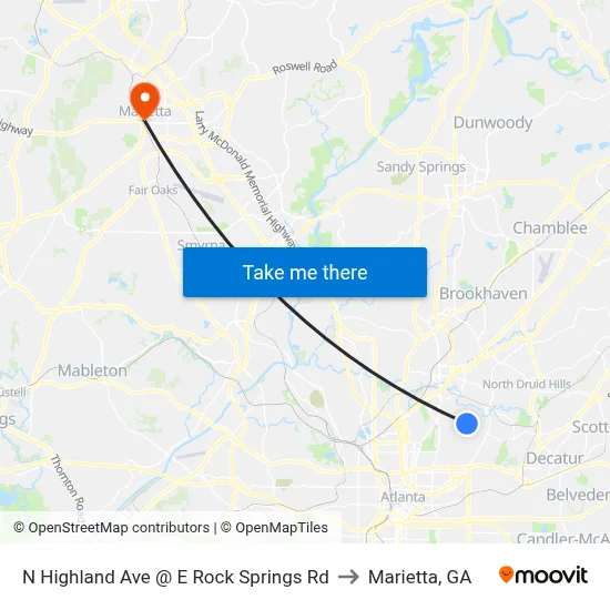 N Highland Ave @ E Rock Springs Rd to Marietta, GA map