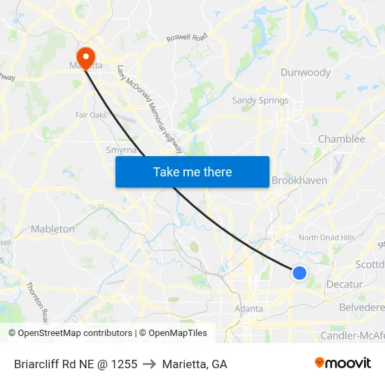 Briarcliff Rd NE @ 1255 to Marietta, GA map