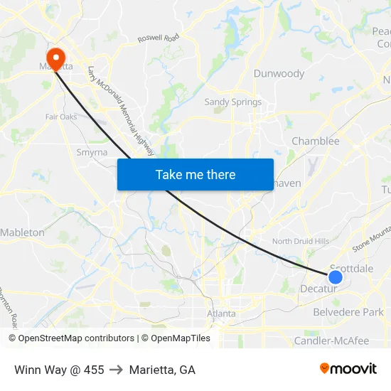 Winn Way @ 455 to Marietta, GA map