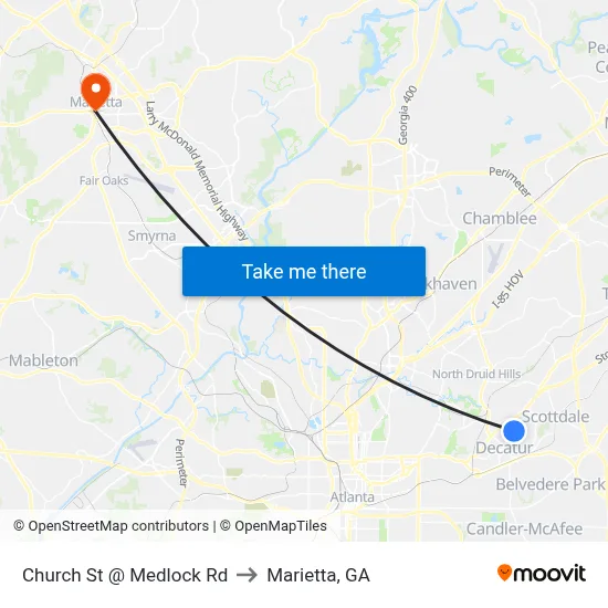 Church St @ Medlock Rd to Marietta, GA map