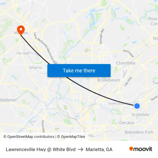 Lawrenceville Hwy @ White Blvd to Marietta, GA map