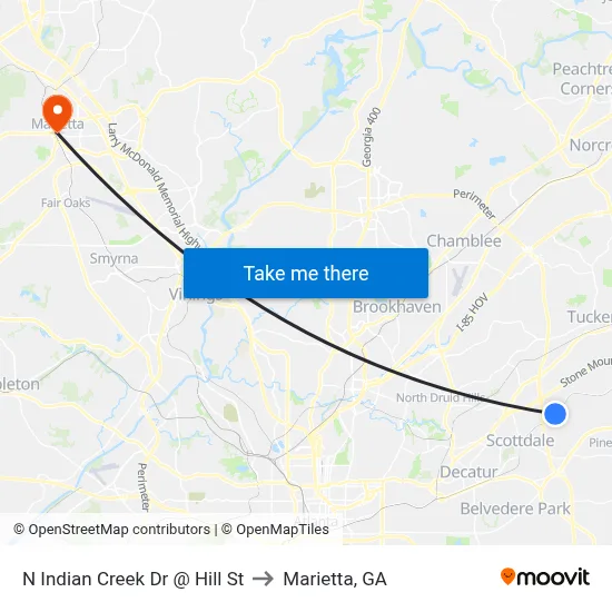 N Indian Creek Dr @ Hill St to Marietta, GA map