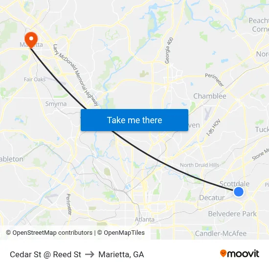 Cedar St @ Reed St to Marietta, GA map