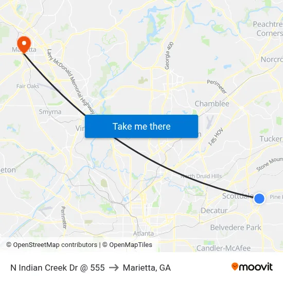 N Indian Creek Dr @ 555 to Marietta, GA map