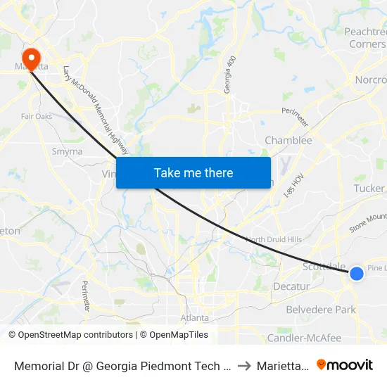 Memorial Dr @ Georgia Piedmont Tech College Dr to Marietta, GA map