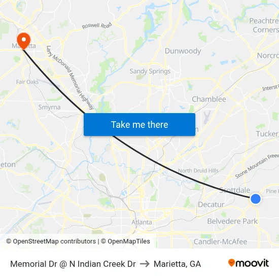 Memorial Dr @ N Indian Creek Dr to Marietta, GA map