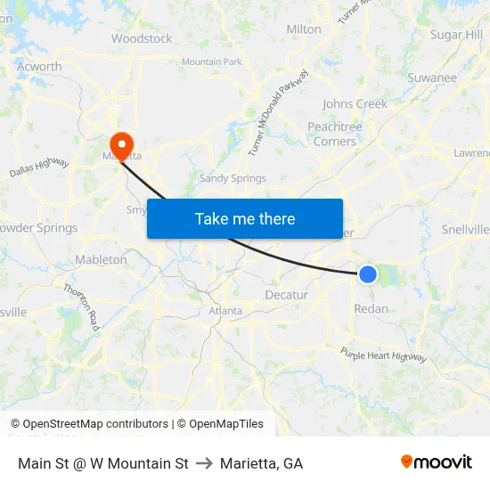 Main St @ W Mountain St to Marietta, GA map