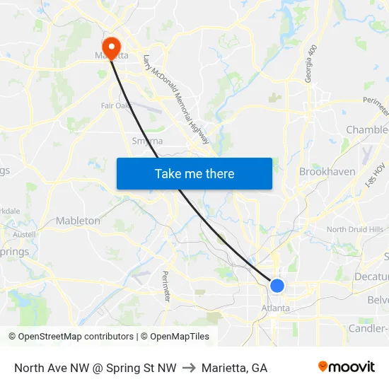 North Ave NW @ Spring St NW to Marietta, GA map
