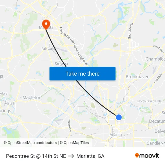 Peachtree St @ 14th St NE to Marietta, GA map
