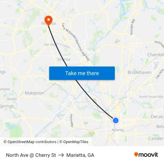 North Ave @ Cherry St to Marietta, GA map