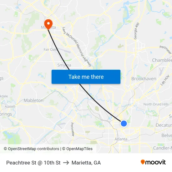 Peachtree St @ 10th St to Marietta, GA map
