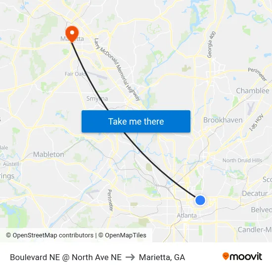 Boulevard NE @ North Ave NE to Marietta, GA map