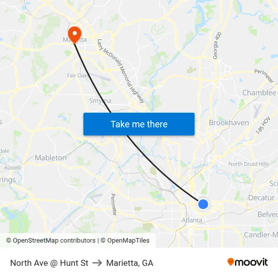 North Ave @ Hunt St to Marietta, GA map